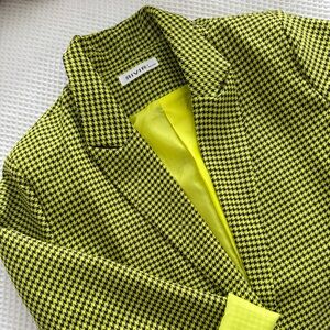 RIVIR designer brand • bright neon green and Black houndstooth long blazer • New